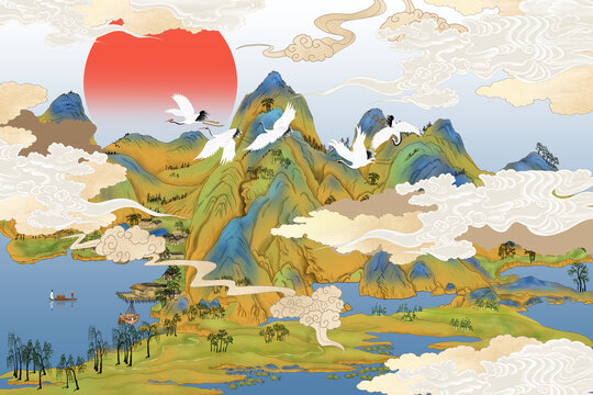 國潮祥云山水畫
