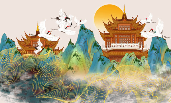 古風(fēng)閣樓線條山水