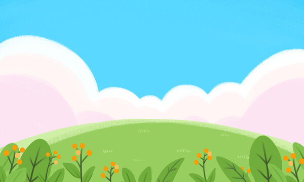 春天藍天草地風景手繪插畫