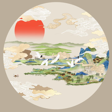 千里江山圆形插画