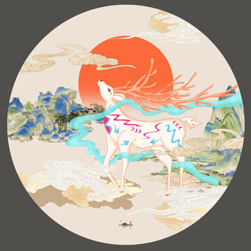 梅花鹿山水插畫