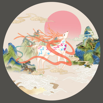 國潮梅花鹿山水插畫
