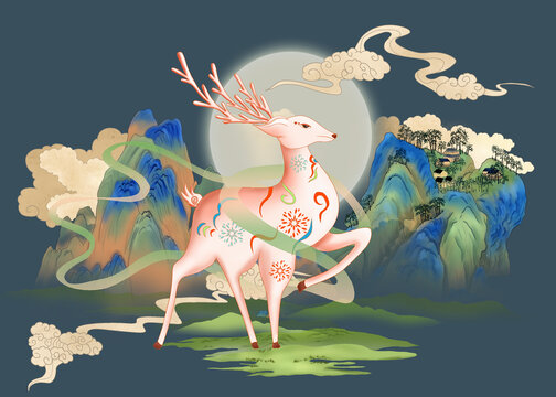 國(guó)潮中國(guó)風(fēng)梅花鹿