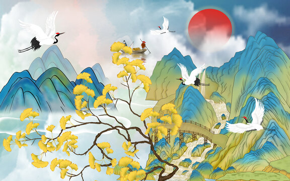 國潮山水畫銀杏背景墻