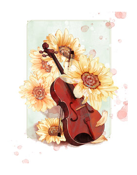 向日葵小提琴手绘插画插图