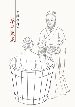 中医理疗熏蒸人物插画线稿