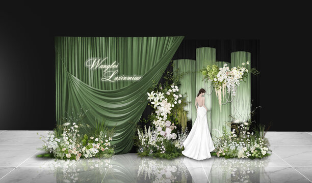 小众白绿布幔线帘婚礼效果图