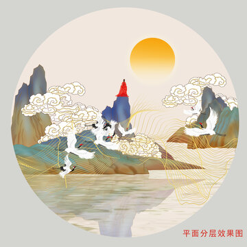 中式祥云国潮山水插画