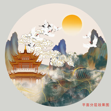 金线阁楼祥云山水插画