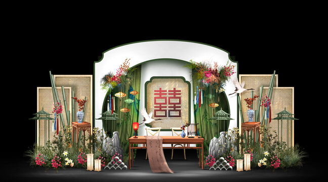 復(fù)古白綠新中式婚禮簽到效果圖