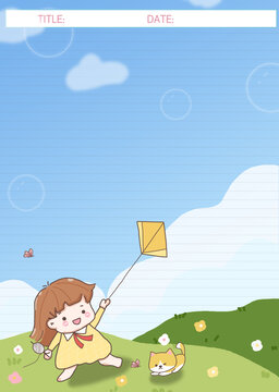 女孩放風(fēng)箏拍紙本