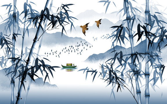 水墨竹子山水畫