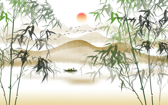 竹報平安山水背景墻