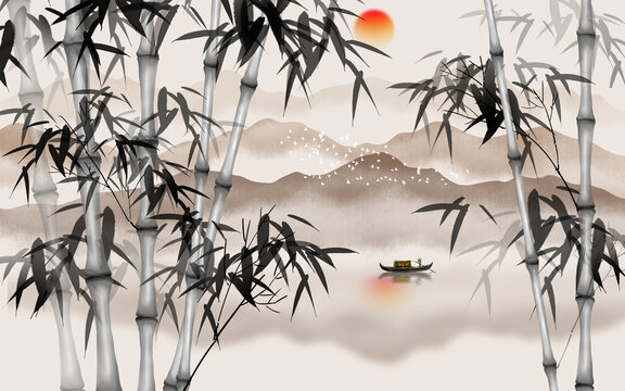 中式墨竹山水圖