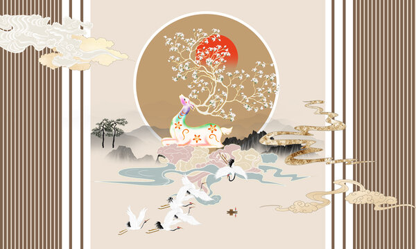 麋鹿山水畫