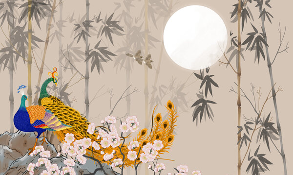新中式花鳥背景墻