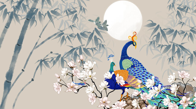 水墨竹子花鳥背景