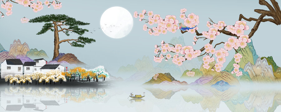 國潮迎客松山水花鳥