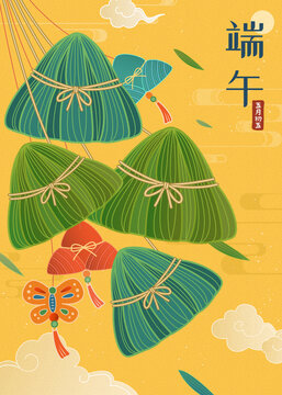 端午节惬意海报 随风飘逸的粽子与蝴蝶挂件