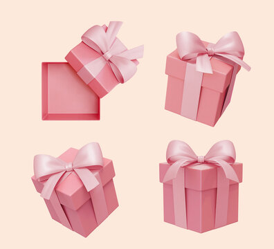 正方形粉红礼物盒搭配缎带包装素材组合