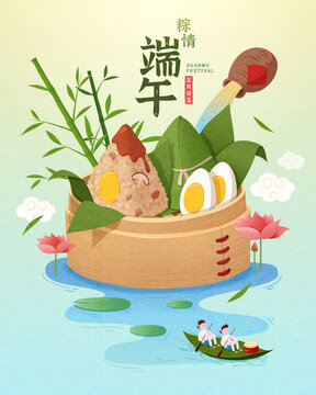 微型人物河上泛舟與蒸籠里的端午美食插畫