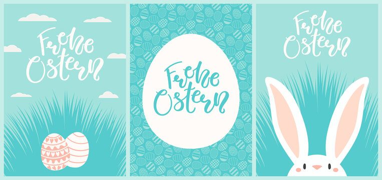 淡蓝色复活节兔子与彩蛋卡通海报