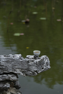 水边喝茶茶杯瓷器