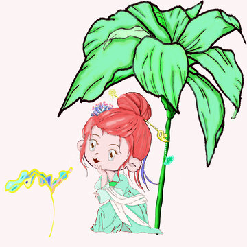 荷葉下的Q版小女孩