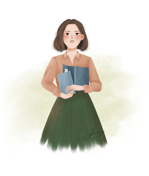 手繪抱書的美女