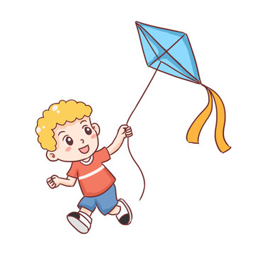 小孩放风筝手绘卡通元素