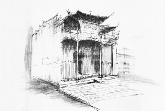 風(fēng)景速寫素描作品寫生屋子