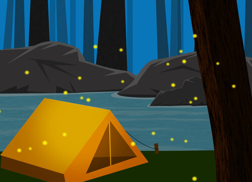 森林户外帐篷露营萤火虫素材