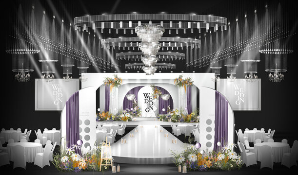 秀场风白紫色婚礼背景效果图