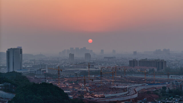 义乌城市建筑工地日落风光