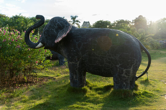 公园里草地上的大象雕像