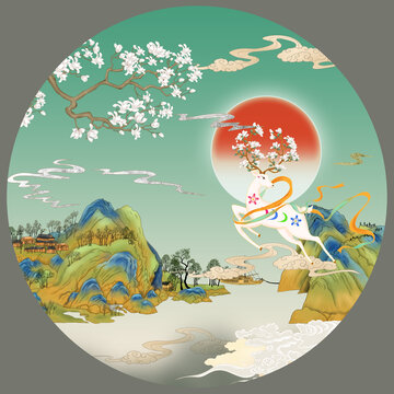 國風山水畫麋鹿