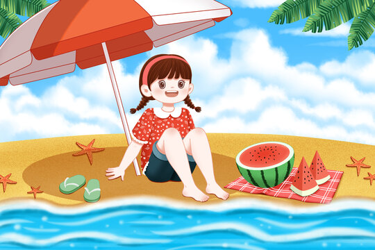 夏天插画沙滩上的女孩