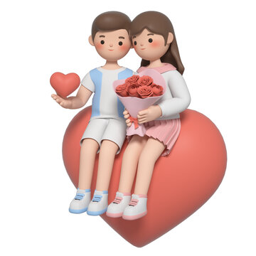 坐在爱心上的3D卡通情侶