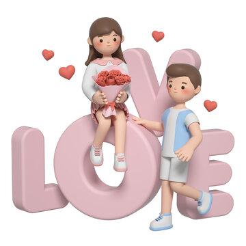 坐在LOVE上的3D卡通情侶