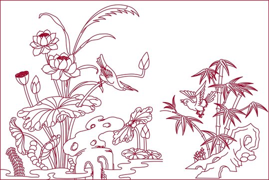 荷塘竹葉水鳥(niǎo)圖