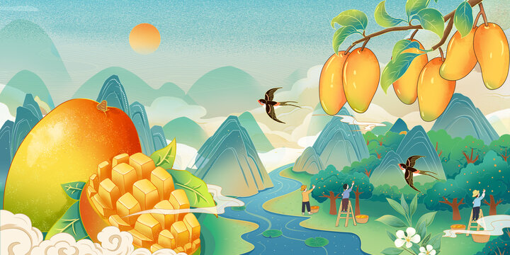 国风果园摘芒果树手绘插画海报