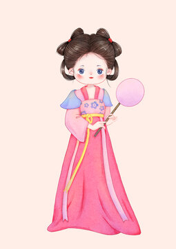 Q版汉服美人手绘水彩风插画