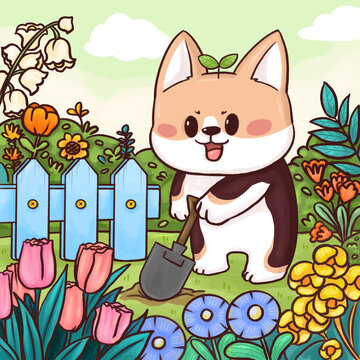 柯基在小小花园插画