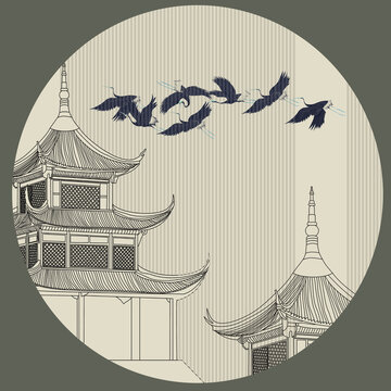 古建筑刺繡插畫