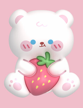 膨胀风卡通草莓白色小熊