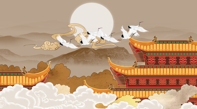 古建筑山水畫