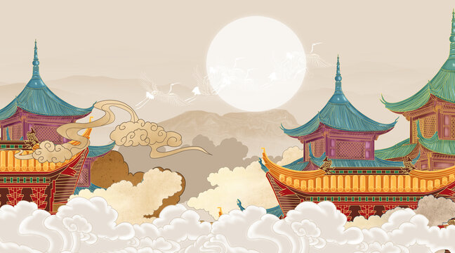 古建筑山水背景墻