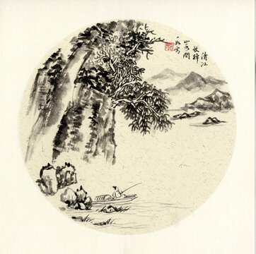 國畫水墨山水清江放棹