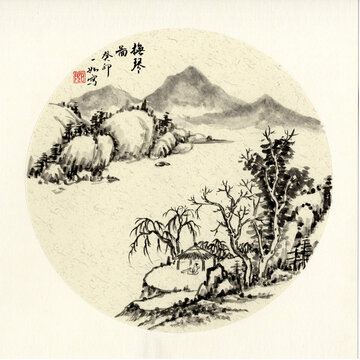 國(guó)畫水墨山水撫琴圖