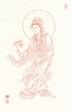 朱砂線描持蓮觀音像